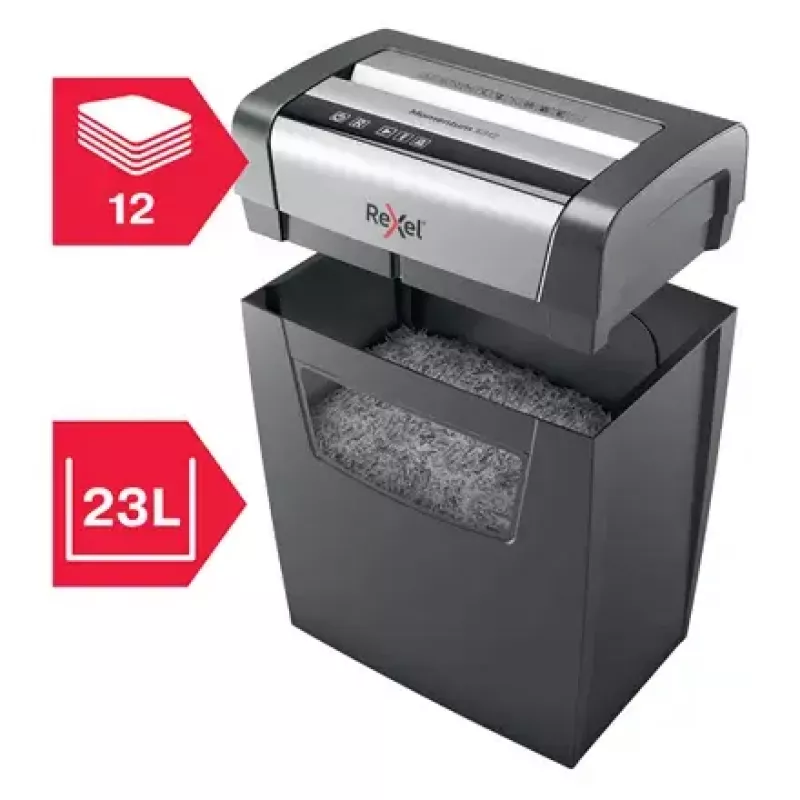 Destructora de papel REXEL Momentum X312 — corte en partículas P-3, capacidad 12 hojas, depósito 23 l, 5 x 42 mm