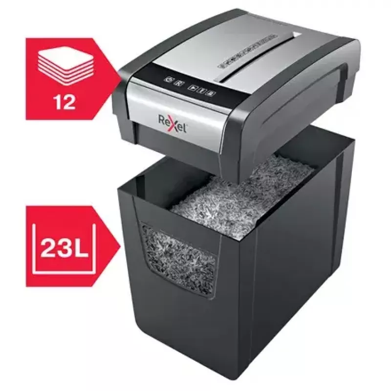 Destructora de papel REXEL Momentum X312-SL – corte en partículas 5 x 42 mm, capacidad 12 hojas, cesta 23 L, control por botones