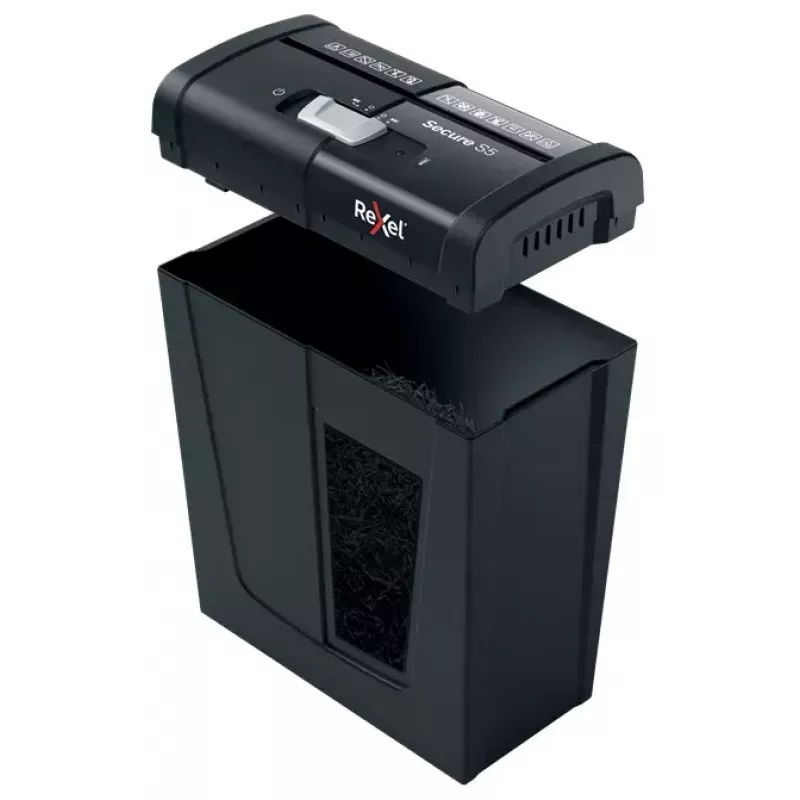 Destructora de papel REXEL Secure S5 — corte en tiras, capacidad 5 hojas, corte 6 mm, depósito 10 L, seguridad P-2, negra