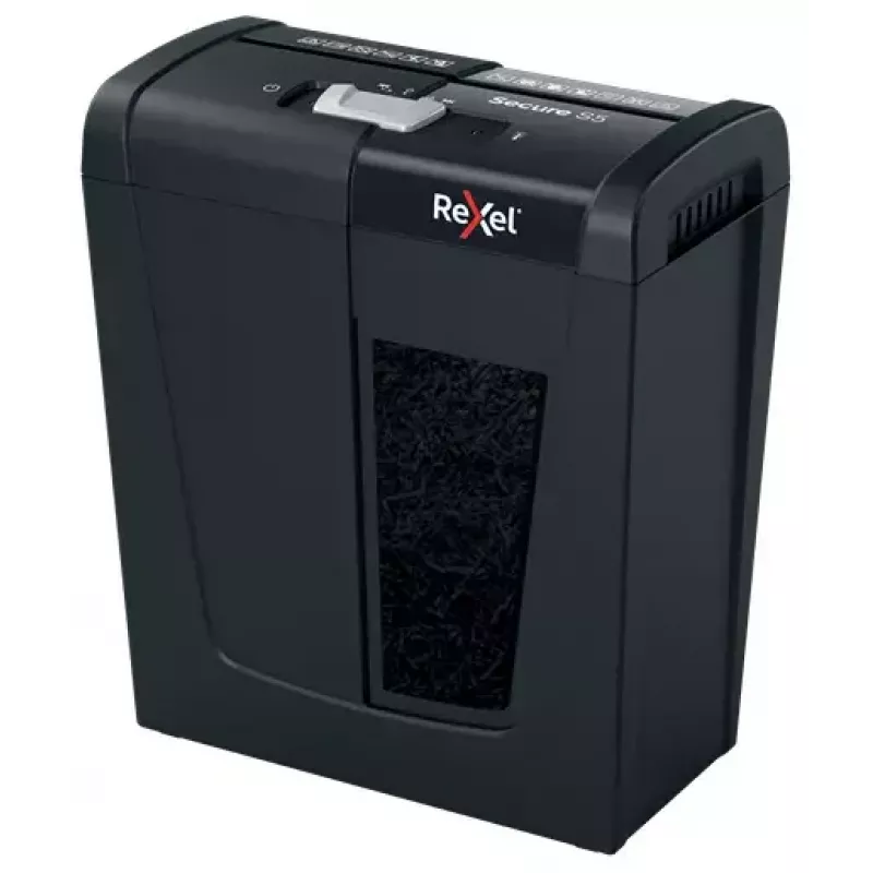 Destructora de papel REXEL Secure S5 — corte en tiras, capacidad 5 hojas, corte 6 mm, depósito 10 L, seguridad P-2, negra