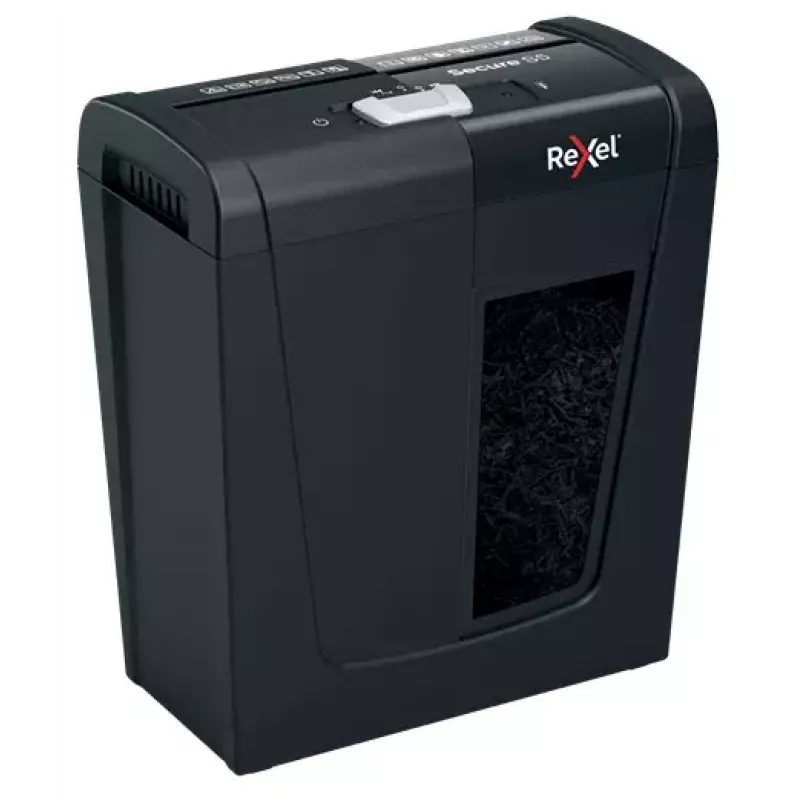 Destructora de papel REXEL Secure S5 — corte en tiras, capacidad 5 hojas, corte 6 mm, depósito 10 L, seguridad P-2, negra
