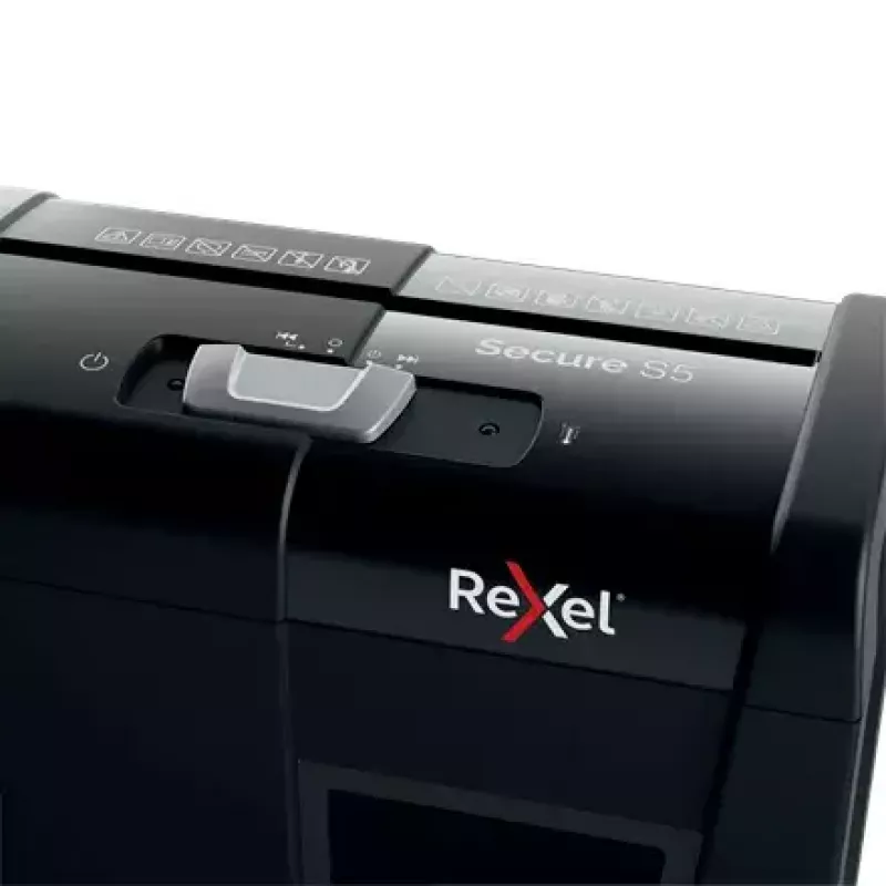 Destructora de papel REXEL Secure S5 — corte en tiras, capacidad 5 hojas, corte 6 mm, depósito 10 L, seguridad P-2, negra