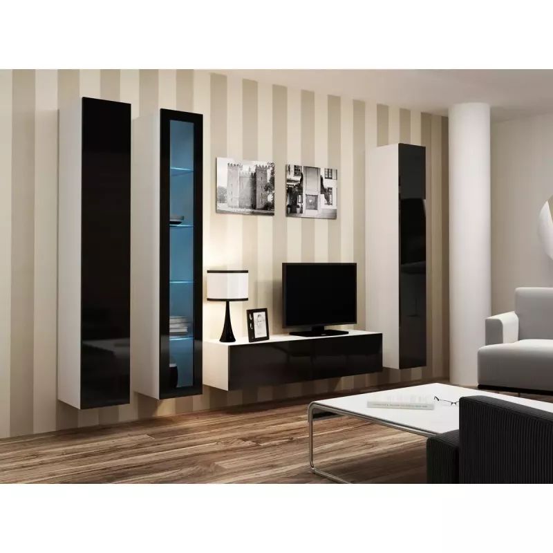 Vitrina Cama Meble VIGO 180 de pared con puertas de cristal 1800×400×300 mm blanco/negro brillo