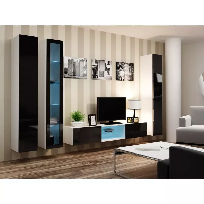 Vitrina Cama Meble VIGO 180 de pared con puertas de cristal 1800×400×300 mm blanco/negro brillo