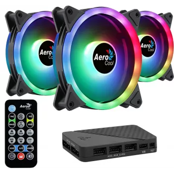 Kit Aerocool DUO12PRO 3x ventiladores 12 cm ARGB LED doble anillo antivibración 6 Pins, negro