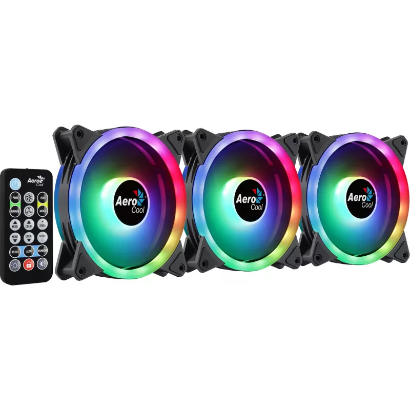 Kit Aerocool DUO12PRO 3x ventiladores 12 cm ARGB LED doble anillo antivibración 6 Pins, negro
