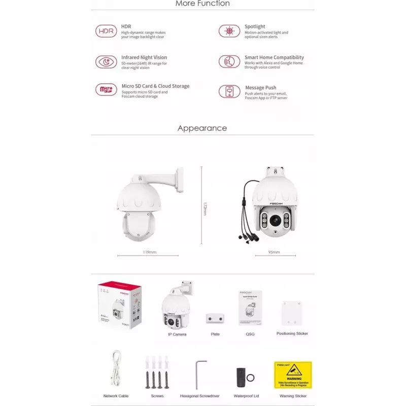 Foscam SD8EP cámara IP PTZ, 8 MP 4K (3840×2160), zoom óptico 4x, PoE, Wi‑Fi, blanca
