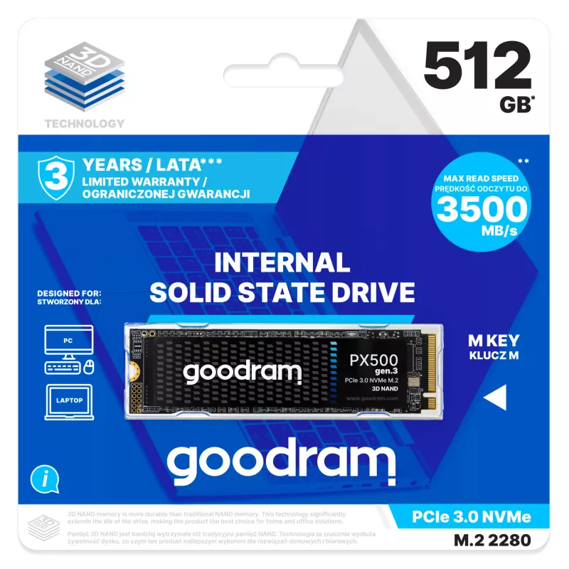 Disco duro sólido interno Goodram PX500 GEN.3 SSDPR-PX500-512-80-G3 512 GB M.2 PCI Express 3.0 NVMe 3D NAND