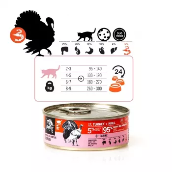 Comida húmeda para gatos 3coty pavo con krill 80 g — alimento completo para gatos adultos, lata de 80 g, proteína 19%, grasa 7%