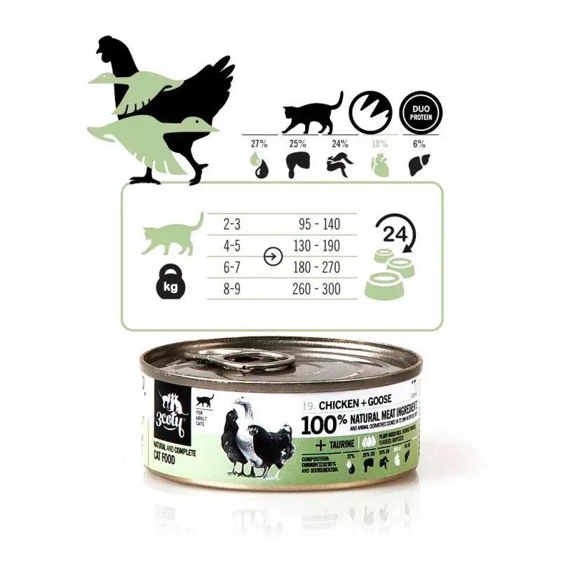 Comida húmeda para gatos 3coty pollo con ganso 80 g bolsa, alimento completo para gatos adultos, 19% proteína, 12% grasa, sin cereales