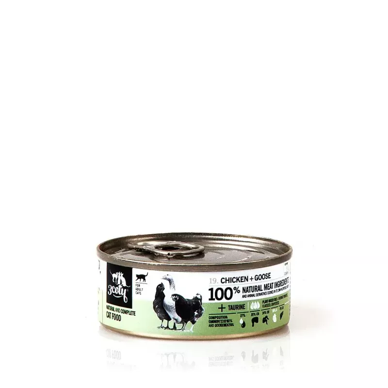 Comida húmeda para gatos 3coty pollo con ganso 80 g bolsa, alimento completo para gatos adultos, 19% proteína, 12% grasa, sin cereales