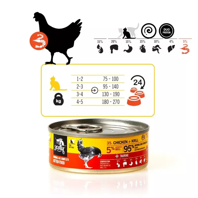 Comida húmeda para gatos 3coty pollo con krill para gatitos, 80 g, alimento completo, sin azúcar, sin gluten ni soja