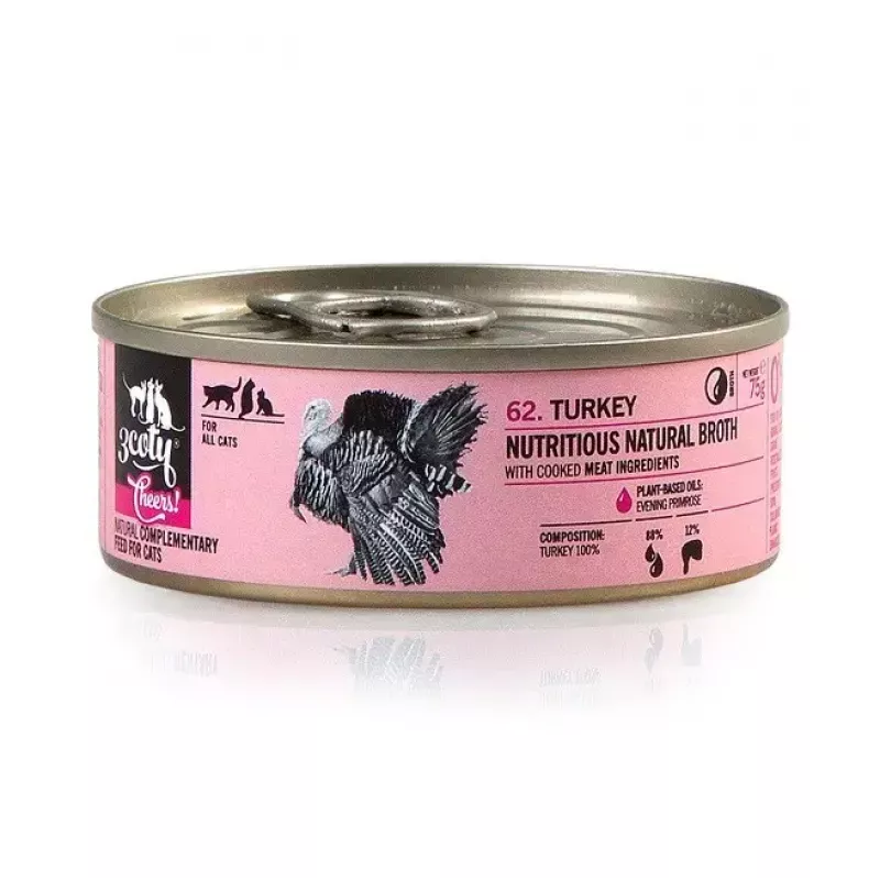 Comida húmeda para gatos 3coty Turkey Cheers 75 g — gatos adultos, ración individual complementaria, 80 % humedad, 6 % proteína