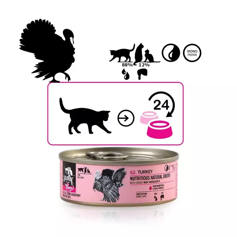 Comida húmeda para gatos 3coty Turkey Cheers 75 g — gatos adultos, ración individual complementaria, 80 % humedad, 6 % proteína