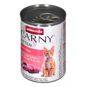 Comida húmeda para gatos animonda Carny Kitten Ternera y pavo 400 g lata, 80 % humedad, 10,5 % proteína, para gatitos