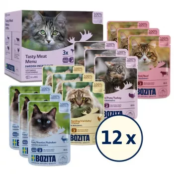 Comida húmeda para gatos BOZITA 85 g bolsa — ternera, pollo, ciervo, pavo, sin cereales, gatos adultos, pack 12×85 g