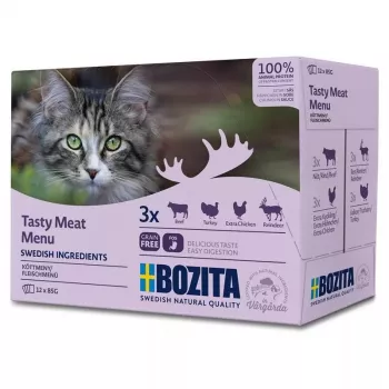 Comida húmeda para gatos BOZITA 85 g bolsa — ternera, pollo, ciervo, pavo, sin cereales, gatos adultos, pack 12×85 g