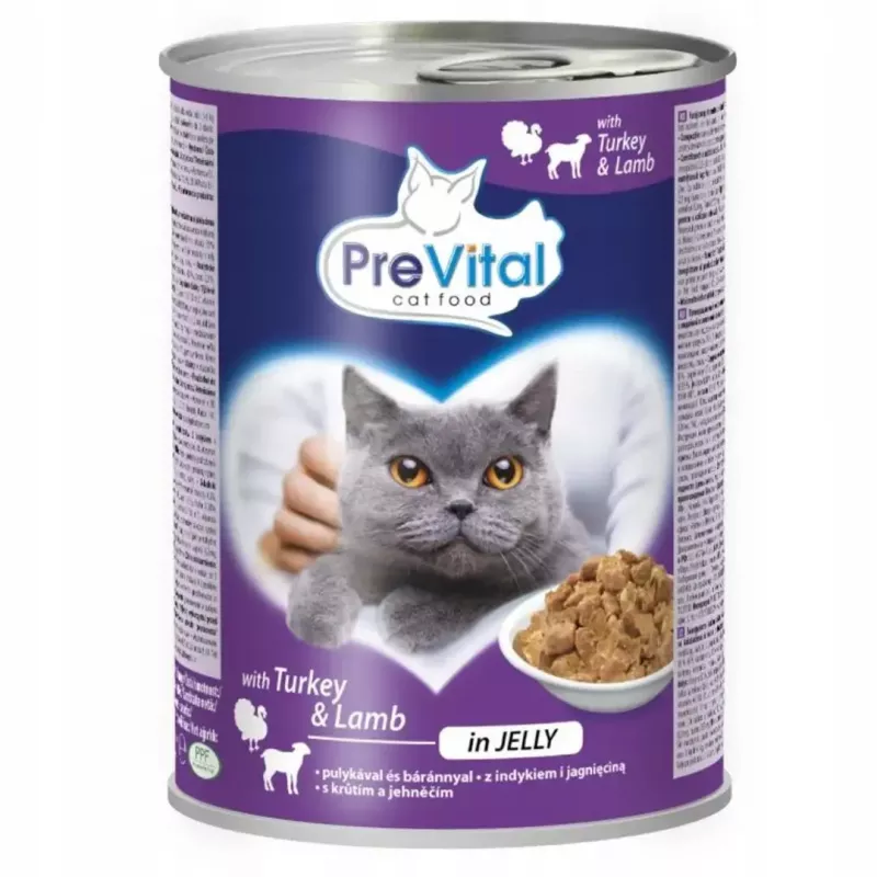Comida húmeda para gatos PREVITAL Pavo con cordero en gelatina, 2 x 415 g, 82% humedad, 8% proteína, 4,5% grasa
