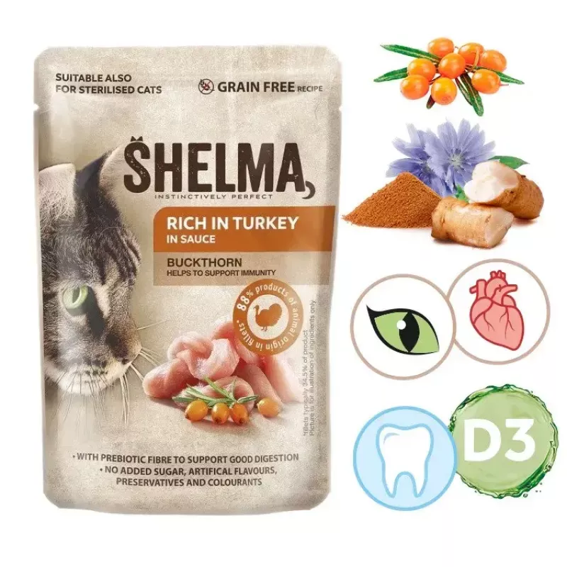 Comida húmeda para gatos SHELMA rica en pavo en salsa 85 g — adulto, sin gluten, apta para alergias alimentarias