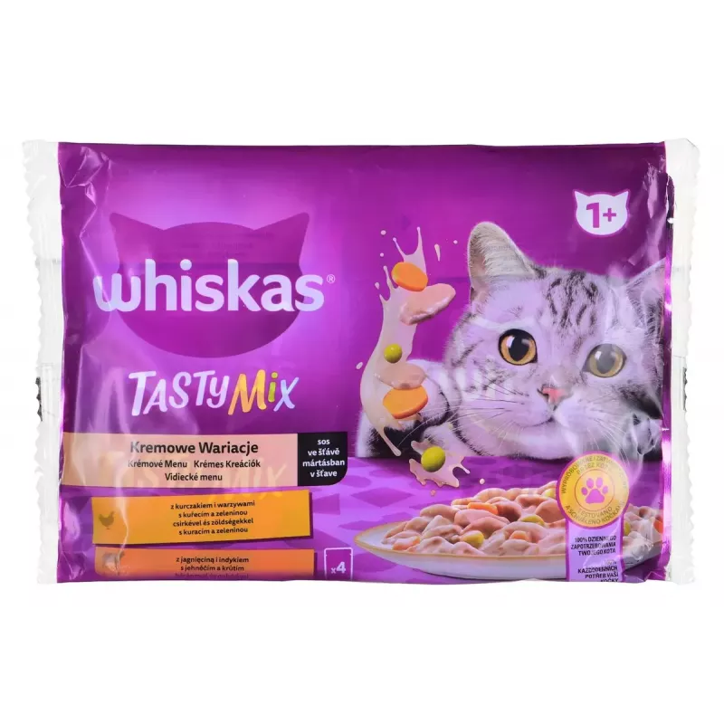 Alimento húmedo para gatos Whiskas 85 g bolsa, gatos adultos, 4 x 85 g, sabor pollo/cordero