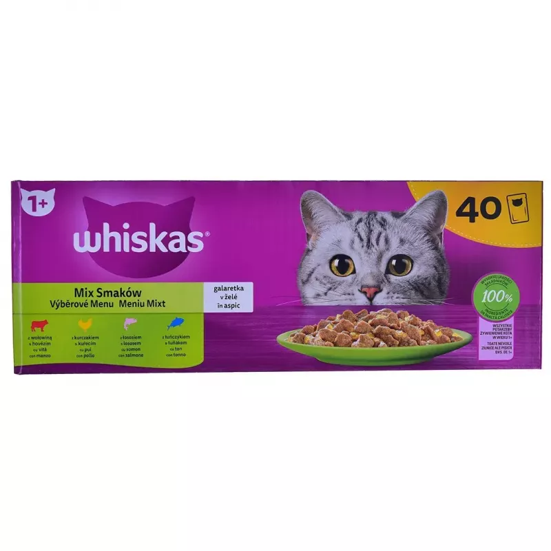 Alimento húmedo para gatos Whiskas Mix Favourites en gelatina, 40 x 85 g latas, sabor atún, gatos adultos