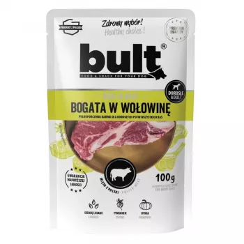 Comida húmeda para perros BULT rica en ternera 100 g — comida completa en lata para perros adultos, 11 % proteína, 6,5 % grasa, 78 % humedad