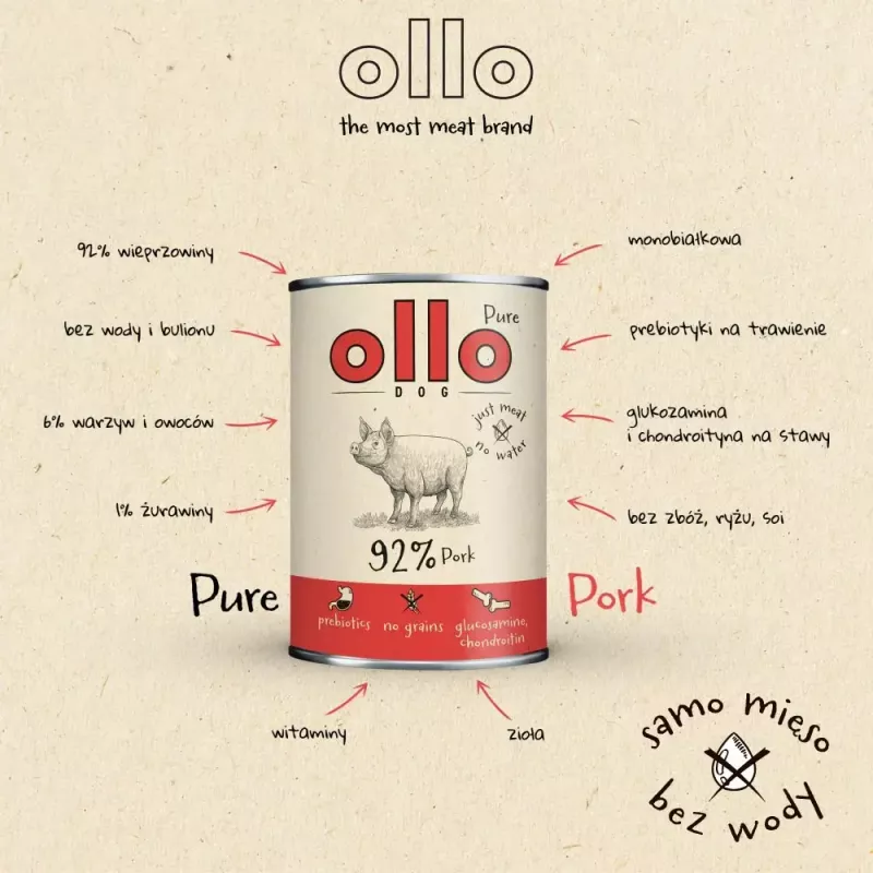 OLLO Pure comida húmeda de cerdo para perros, 850 g