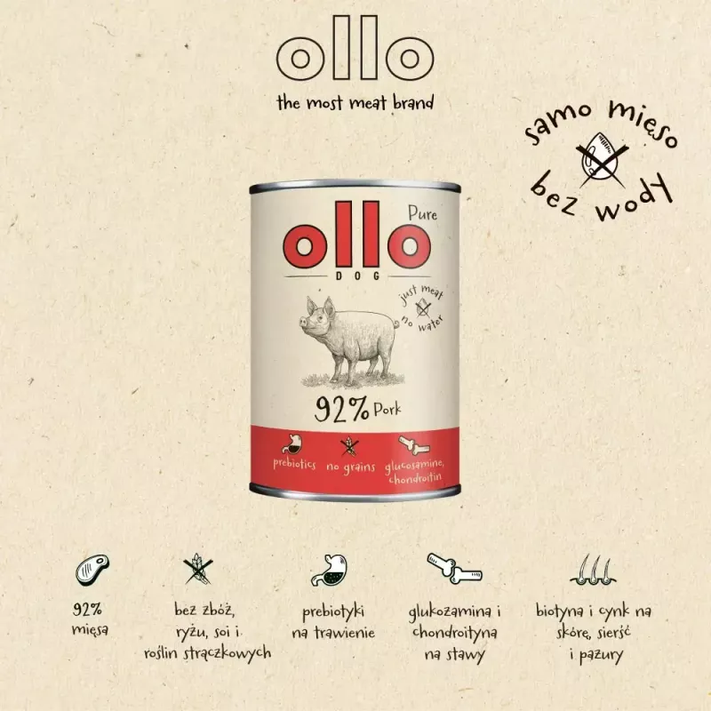 OLLO Pure comida húmeda de cerdo para perros, 850 g