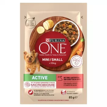 Comida húmeda para perros Purina Nestlé One Mini/Small Active Beef 85 g — comida húmeda para razas pequeñas adultas, 76,4 % humedad, 12,5 % proteína