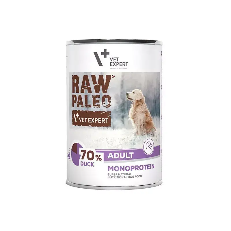 VETEXPERT RAW PALEO Adult Monoprotein Duck 400 g comida húmeda para perros, sin gluten, sin soja, para alergias alimentarias