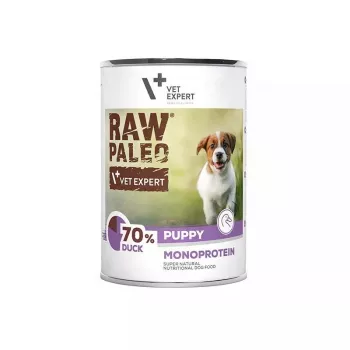 Comida húmeda para perros VETEXPERT RAW PALEO Puppy Monoprotein pato 400 g, humedad 74,8 %, proteína 9,6 %, grasa 10,6 %