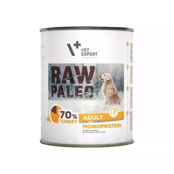 Comida húmeda para perros VETEXPERT RAW PALEO Adult Monoprotein pavo 800 g lata, sin cereales, sin gluten, para alergias alimentarias