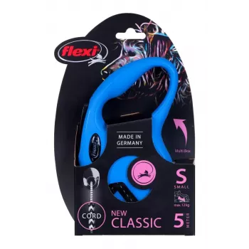 Correa retráctil Flexi New Classic S — cordón, 5 m, correa individual, azul, carga máx. 12 kg