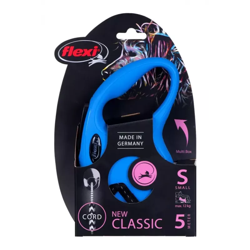 Correa retráctil Flexi New Classic S — cordón, 5 m, correa individual, azul, carga máx. 12 kg