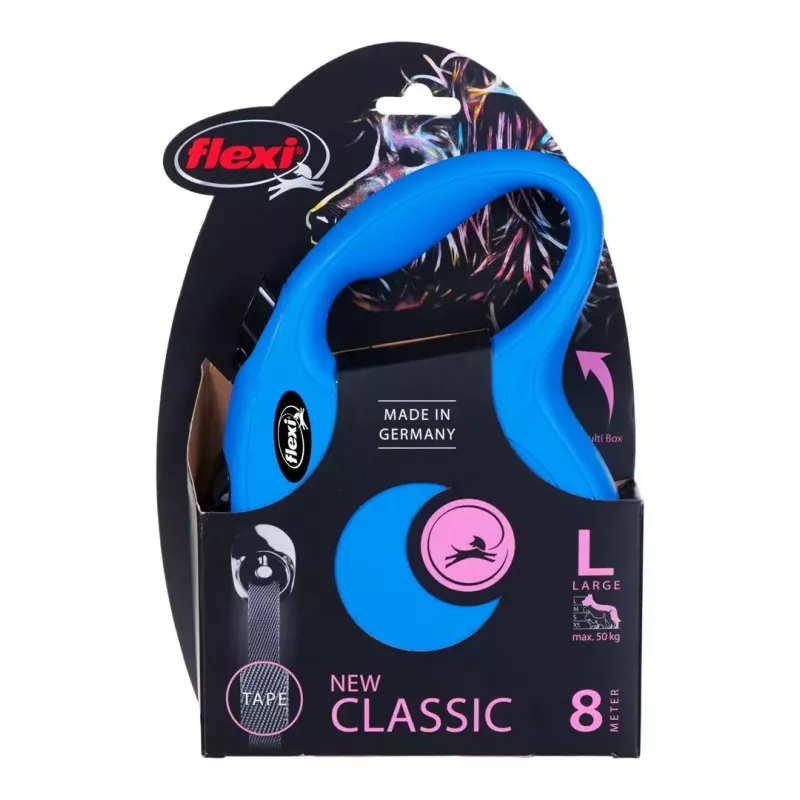Correa retráctil Flexi New Classic 8 m — correa de cordón Flexi 8 m, azul, L, carga máx. 50 kg