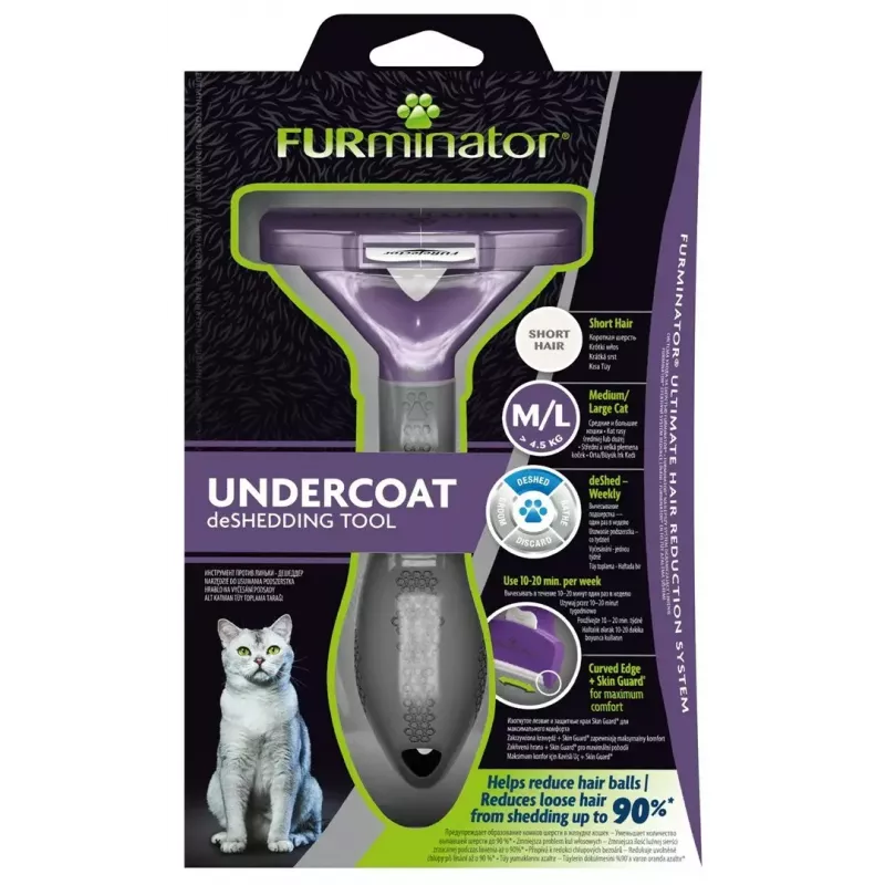 Herramienta deslanadora FURminator M/L para gatos de pelo corto con mango ergonómico y cuchilla de acero inoxidable, 270 g