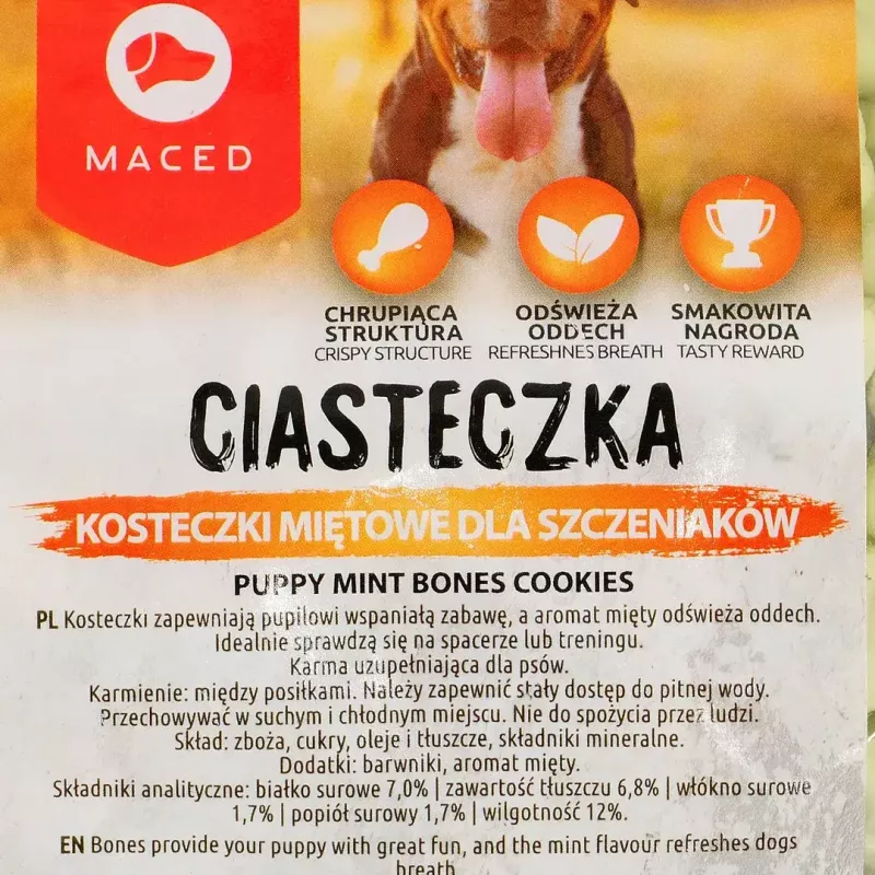 Snacks de entrenamiento para perros MACED Puppy Mint Bones galletas 1 kg — galleta con sabor a menta para cachorros, envase de plástico de 1 kg