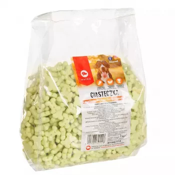 Snacks de entrenamiento para perros MACED Puppy Mint Bones galletas 1 kg — galleta con sabor a menta para cachorros, envase de plástico de 1 kg