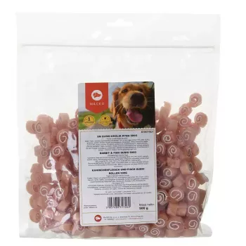 Snacks blandos para perros MACED Sushi con conejo y pescado 500 g – snacks funcionales de entrenamiento, proteína 30 %, grasa 2 %, humedad 23 %