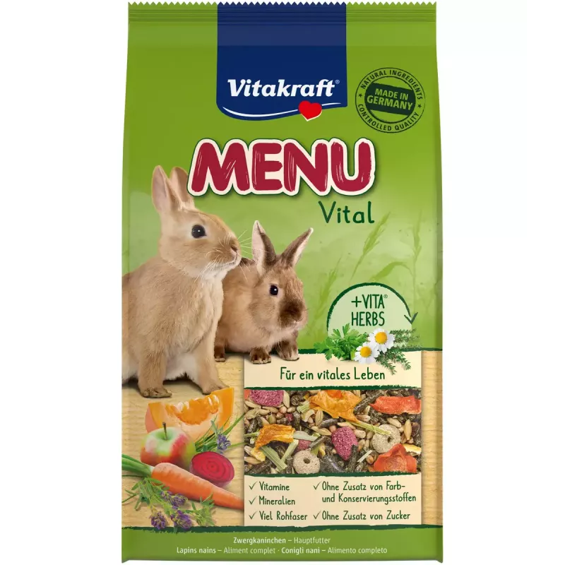Pienso seco para conejos enanos Vitakraft 25542 — 3 kg, sabor cereales, sin conservantes, bolsa resistente, 14% fibra bruta