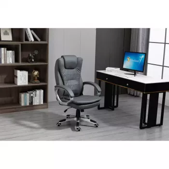 Silla de oficina giratoria con calefacción ActiveJet YK7304 — asiento y respaldo acolchados de piel gris, respaldo ajustable, elevador de gas 45–55 cm