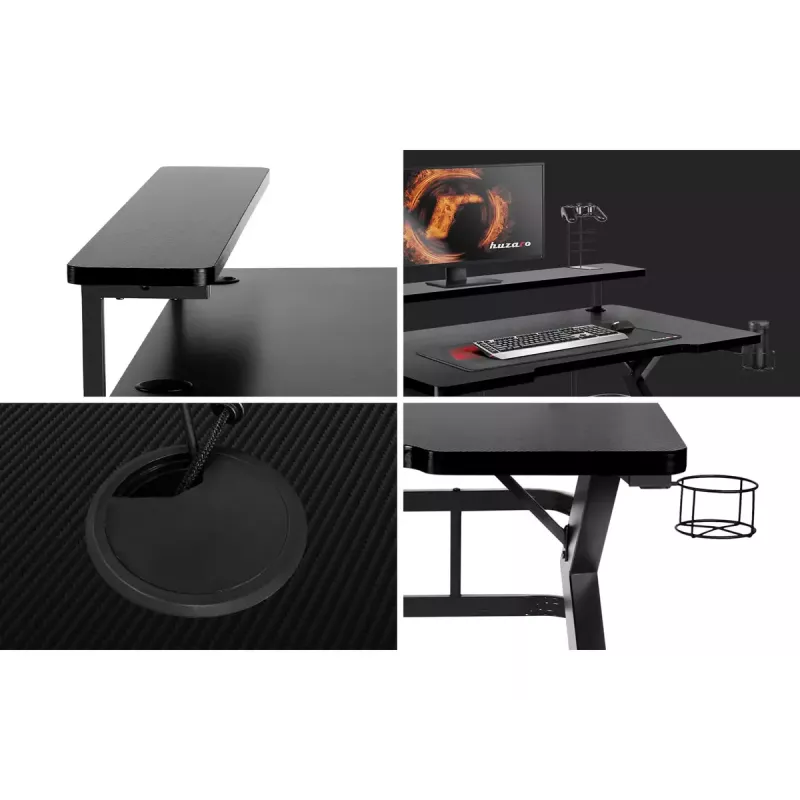 Escritorio gaming Huzaro Hero 5.0 negro — estructura recta de aluminio, tablero de fibra de carbono 1200×600 mm