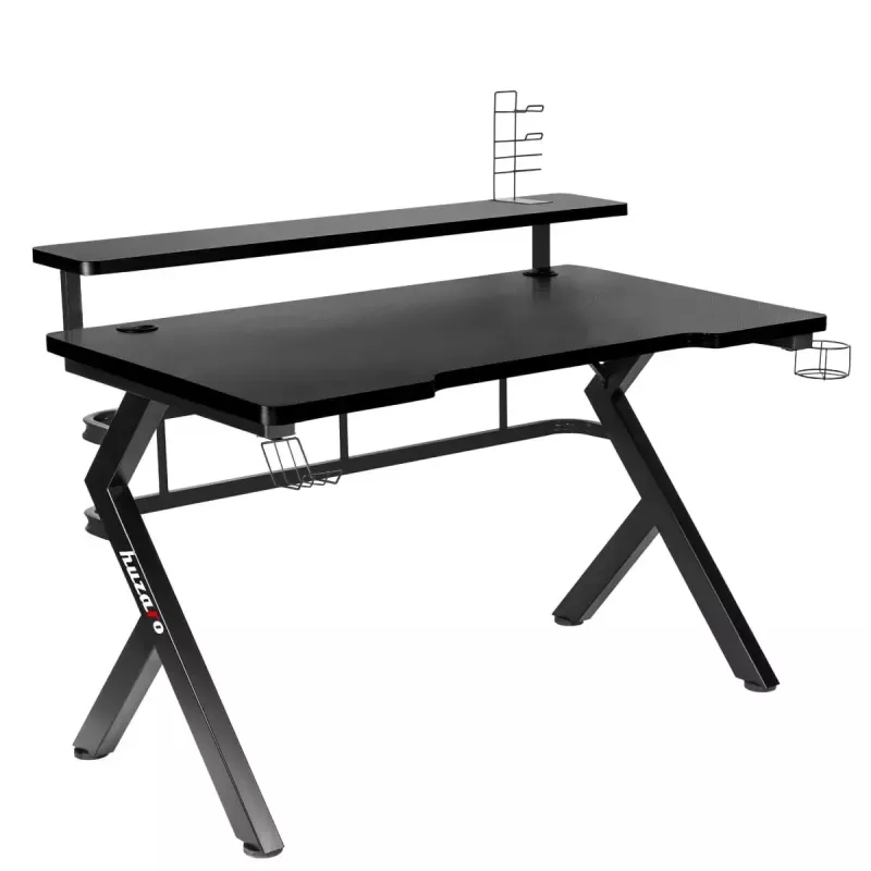 Escritorio gaming Huzaro Hero 5.0 negro — estructura recta de aluminio, tablero de fibra de carbono 1200×600 mm