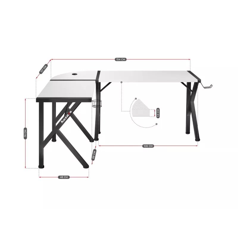 Huzaro Hero 6.3 escritorio gaming, 154×48×74 cm, grosor del tablero 1,5 cm, blanco