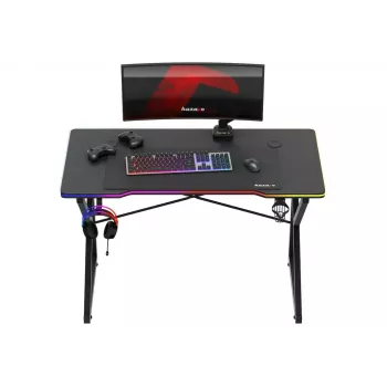 Mesa gaming Huzaro Hero 1.7 RGB negra — escritorio ergonómico recto 1200x600 mm, 750 mm de altura, LED, portavasos, soporte para auriculares