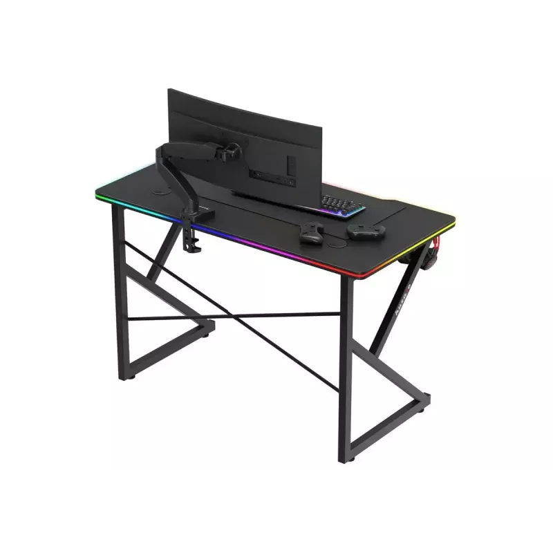 Mesa gaming Huzaro Hero 1.7 RGB negra — escritorio ergonómico recto 1200x600 mm, 750 mm de altura, LED, portavasos, soporte para auriculares