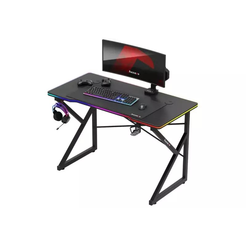 Mesa gaming Huzaro Hero 1.7 RGB negra — escritorio ergonómico recto 1200x600 mm, 750 mm de altura, LED, portavasos, soporte para auriculares