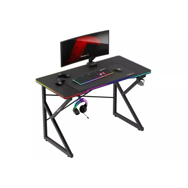 Mesa gaming Huzaro Hero 1.7 RGB negra — escritorio ergonómico recto 1200x600 mm, 750 mm de altura, LED, portavasos, soporte para auriculares