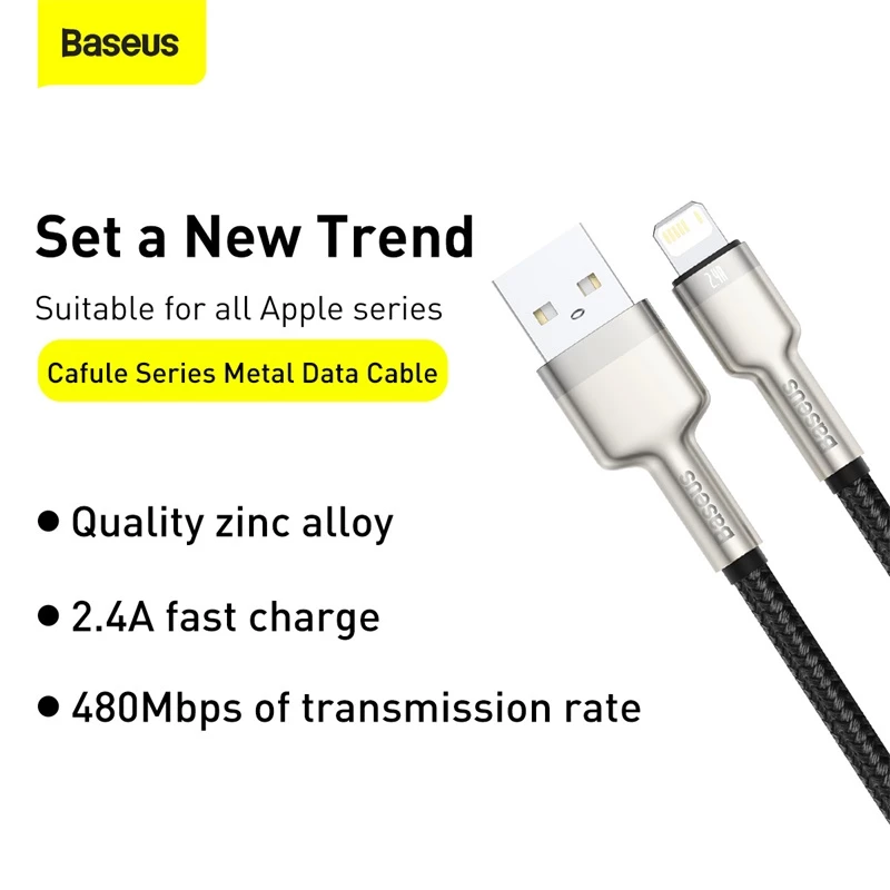 Cable de transferencia de datos Cafule Fast Charge BASEUS - USB Type-A a Lightning - 480 Mbit/s (2,4 A PD) - 1 m - negro