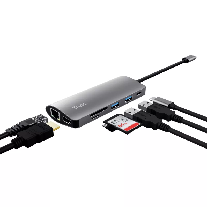 Trust Dalyx 23775 adaptador multipuerto USB-C 7 en 1, USB-C 3.2, HDMI, RJ-45 Gigabit Ethernet, lector SD/microSD, plateado